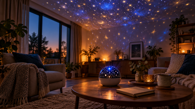 Dekorativer Sternenprojektor für einen gemeinsamen Abend zu Hause – KI-Illustration